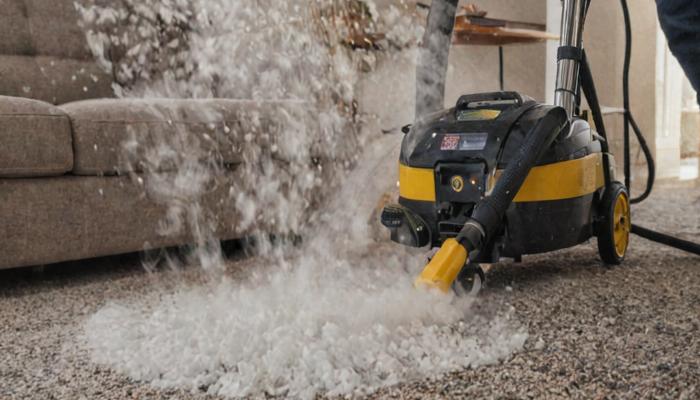 Hot water extraction carpet cleaning equipment in action
